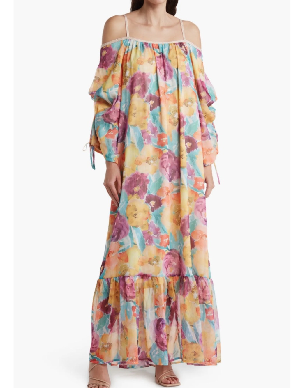Love By Design Mira Crepe Off  Shoulder Maxi Dress Watercolor‎ Floral Size L NWT